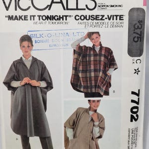 May include: McCall's sewing pattern envelope featuring three coat designs. The envelope includes the text "Make it Tonight" and "Wear it Tomorrow". The pattern includes sizes 6-20.