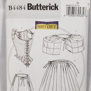 May include: A Butterick sewing pattern, B4484, featuring line drawings of historical clothing. The pattern includes a corset, panniers, and a skirt. The package has the text "MAKING HISTORY" and size D for sizes 12-16.