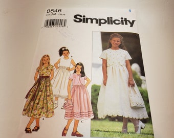 Simplicity 8546, wykrój krawiecki, sukienka dziewczęca z podwyższoną talią, bolerko, torebka, rozmiary 7-10 UNCUT FF
