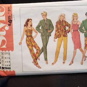 May include: A sewing pattern for four different outfits. The pattern is for sizes 10-12-14-16. The pattern includes a jumpsuit, a skirt and top, a pair of trousers and a jacket, and a dress and jacket. The pattern is from Style 3616.