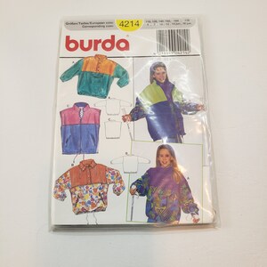 May include: Burda sewing pattern number 4214 for children's jackets. The pattern includes four different jacket designs: a blue and pink jacket, a green and yellow jacket, a floral print jacket, and a geometric print jacket. The pattern is for sizes 6-16.