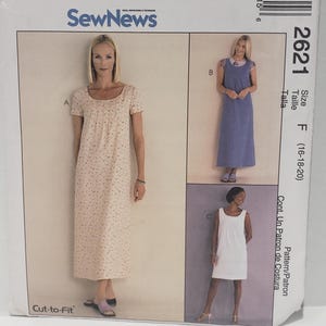May include: Sewing pattern for a long dress with two different styles. The pattern is for sizes 16-18-20. The pattern is called "Easy McCall's SewNews" and the pattern number is 2621.