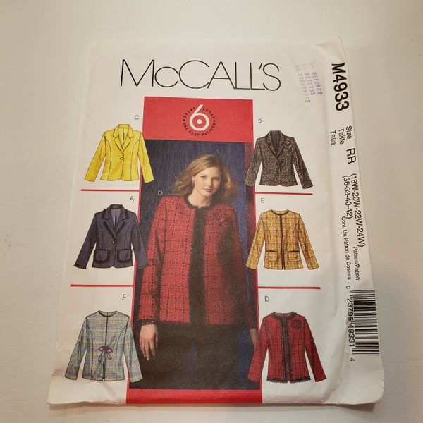 McCall's 4933 sewing pattern, jacket, retro 30's designer - tweed jacket UNCUT FF size 18 w - 24 w plus sizes