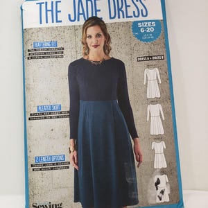 May include: A sewing pattern for a dress called "The Jade Dress". The pattern includes two dress styles, A and B, and two length options. The pattern is for sizes 6-20, US 4-18, EUR 34-48.