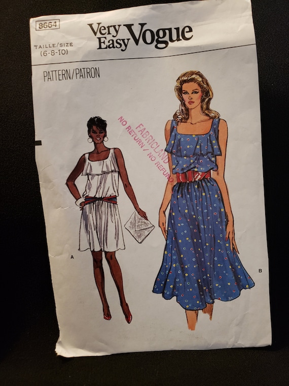 Vogue 8664 Very Easy Sewing Pattern for Pullover Loose Fitting Flouncy Dress  CUT to Size 6 Sleeveless, Scoop Neck, Summer Dress - Etsy