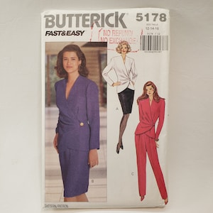May include: A sewing pattern for a women's suit with a wrap style jacket and skirt. The pattern is from Butterick and is size 12-14-16. The pattern is labelled "Fast & Easy" and includes instructions for making the suit.
