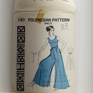 May include: A vintage sewing pattern for a blue jumpsuit with a wide leg and a tie belt. The pattern is called "Polynesian Pattern" and is for size 14, bust 34. The price is £1.00.