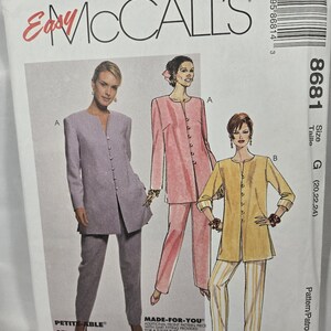 May include: McCall's sewing pattern showing three women's suits in lavender, pink, and yellow. The pattern includes a petite size option and is labelled "Made-For-You". The pattern number is 8681.