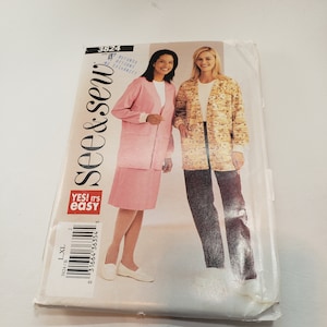 Puede incluir: Un patrón de costura para una chaqueta y una falda. El patrón es para las tallas L y XL. El patrón es de la marca "see & sew" y está etiquetado como "Yes! It's easy".