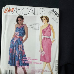 McCall&#39;s 2485 sewing pattern for easy one tie shoulder dress, pullover with elastic waistline, skirt with side pockets UNCUT FF sizes 10-14