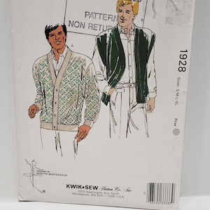 1980s Vintage Kwik Sew 1928 Mens Cardigan Sweater & Vest Sewing Pattern Size S M L XL Chest 34-48 UNCUT