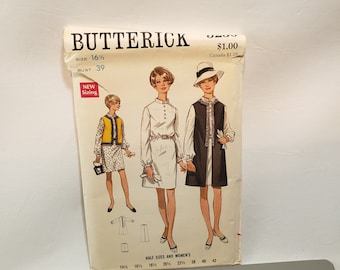 Butterick 5230 sewing pattern, vintage 60's, vest and mandarin collar dress, sleeve options UNCUT FF size 16 1/2