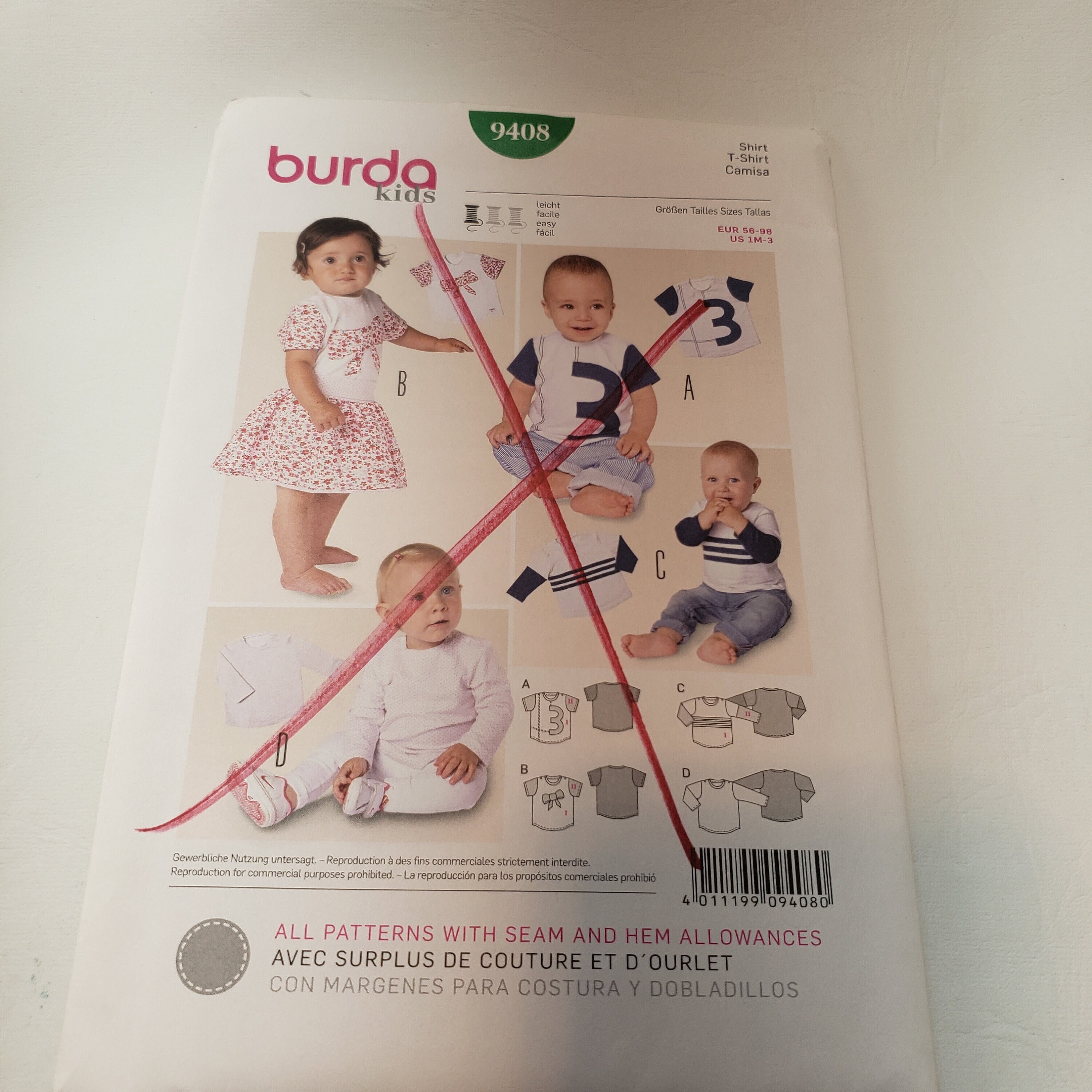 Burda 9408 kindernaaipatroon voor T-shirts, babymaat maand tot