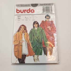 May include: Burda sewing pattern number 4138 for a parka. The pattern includes three different styles: a yellow parka with a toggle closure, a green parka with a drawstring waist, and a red parka with a fur trim collar. The pattern is for sizes 36, 38, 40, 42, 44, 46, 10, 12, 14, 16, 18, and 20.