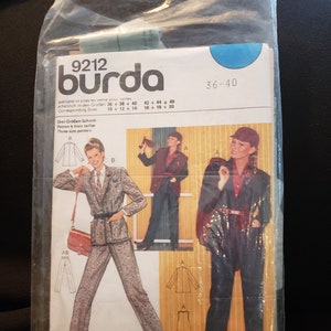 May include: A Burda sewing pattern package for sizes 36-40, 42-46, and 10-14, 16-20. The pattern includes instructions for a three-piece suit with a jacket, pants, and a dress.