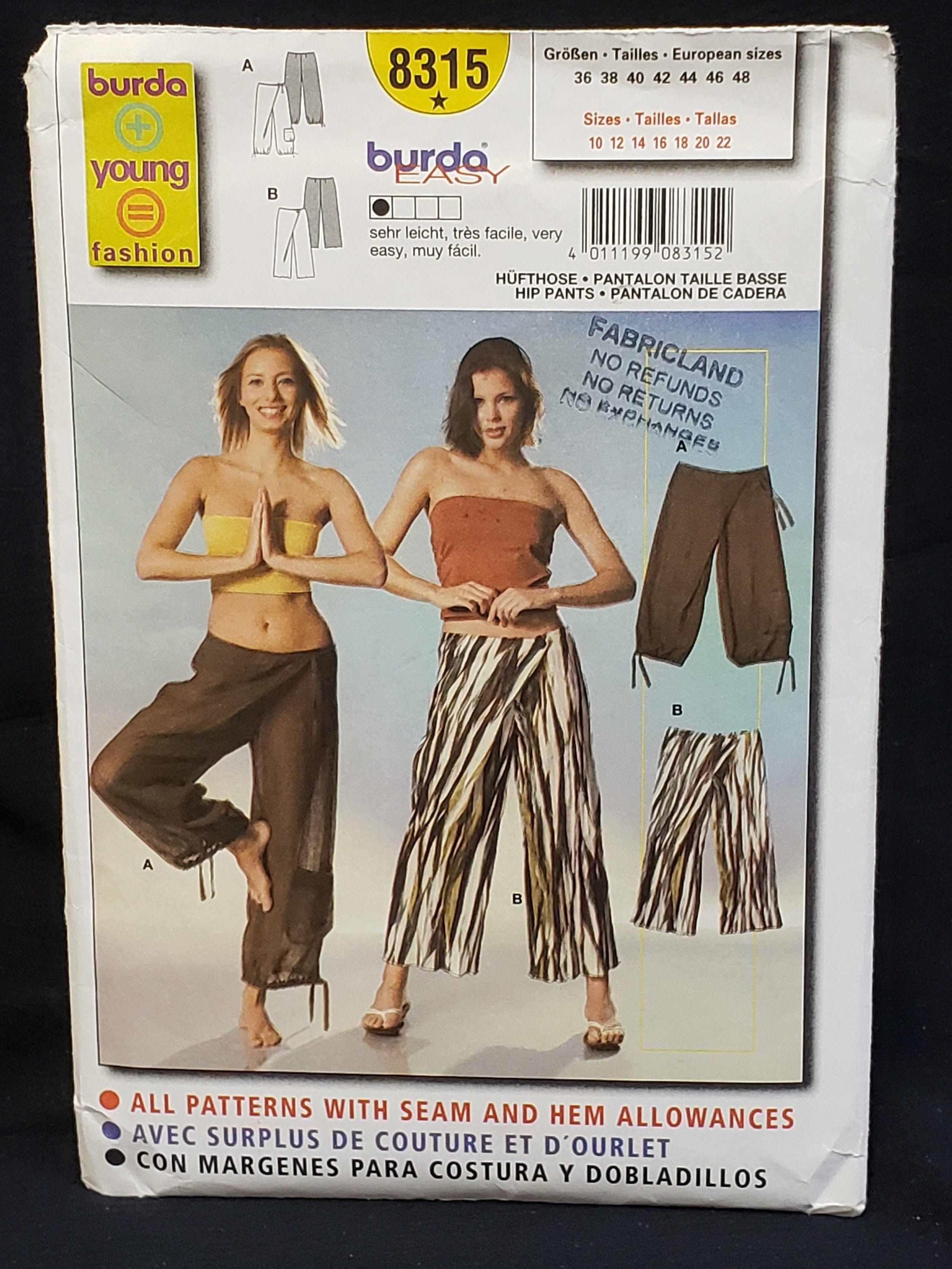 Burda 8315 Sewing Pattern for Patron Hipster Trousers Sizes 1022 UNCUT