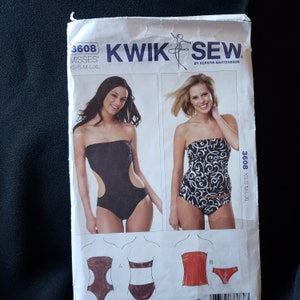 May include: Sewing pattern for a swimsuit with two different styles. The pattern is for sizes XS-S-M-L-XL and is called "Kwik Sew" by Kerstin Martensson. The pattern includes a black swimsuit with a cut-out design and a black and white patterned swimsuit.