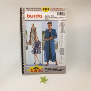May include: Burda sewing pattern number 2948 for a long jacket or coat. The pattern includes instructions for sizes 10-20 and 36-46. The pattern shows a woman wearing a blue denim jacket with a white lining and a brown jacket with a floral lining.
