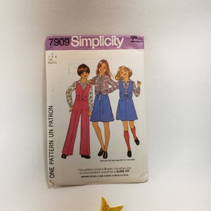 Simplicity 7909 Sewing Pattern, UNCUT FF Girls Size 7-8 Collar Shirt, Pants, Reversible Vest w/ Button Closure, Back-Wrap Skirt, ca. 1977