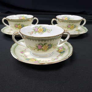 Vintage 1930&#39;s Noritake Goldconda dishes - double handled small soup bowl - set of 3 - fine japanese bone china - very thin china