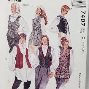 May include: McCall's Petite-Able sewing pattern showing vest designs. The pattern includes various vest styles with different patterns and embellishments. Size C (10, 12, 14) is indicated on the pattern.
