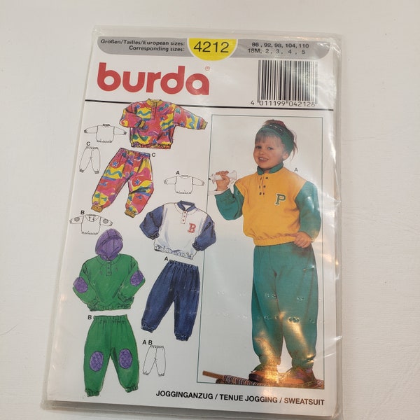 Patron de couture Burda 4212, sweat-shirt et pantalon pour tout-petits, tailles 18M, 2,3,4,5 FF non coupé scellé - pièce rare