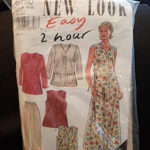 May include: A sewing pattern for a sleeveless dress with a floral print, a sleeveless top with a floral print, a sleeveless top in a solid red colour, a long-sleeved shirt with a polka dot print, and a pair of trousers. The pattern is labelled "New Look Easy 2 hour Patterns Non-Returnable".