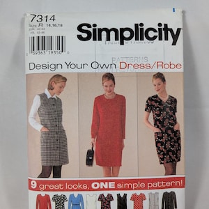 May include: A Simplicity sewing pattern envelope, number 7314, for a dress or robe in size R (14, 16, 18). The cover features three illustrations of dresses and a bottom row showing nine variations of the garment in different colours and patterns.