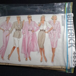 May include: A sewing pattern for a women's wardrobe featuring five different outfits. The outfits include a pink blazer with a white blouse, a white skirt with a beige blazer, a pink pantsuit with a white blouse, a white blouse with a beige skirt, and a pink blazer with a white blouse and a pink skirt. The pattern is from Butterick and the number is 4633.