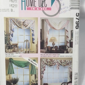 May include: A McCall's Home Dec pattern for making swag and jabot window treatments. The package shows several design options, with a note that the project takes 90 minutes. The pattern number is 5796.