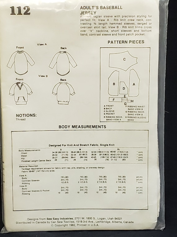 Sew Easy Sewing Pattern 112, Adult Baseball Shirt, S,M, L, XL
