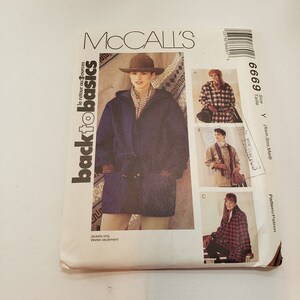 May include: A sewing pattern for jackets, with three different styles shown. The pattern is for sizes X-Small, Small, and Medium. The pattern is from McCall's and is called "back to basics".
