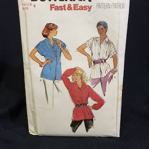 May include: A vintage sewing pattern for a blouse with three different styles. The pattern is from Butterick and is labelled "Fast & Easy". The pattern number is 6888 and the price is £2.45.
