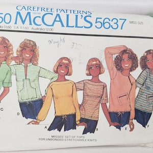 May include: Vintage McCall's 5637 sewing pattern for misses' tops. The pattern cover shows illustrations of various top styles in different colours, including green, yellow, and pink. The pattern is for unbonded stretchable knits.