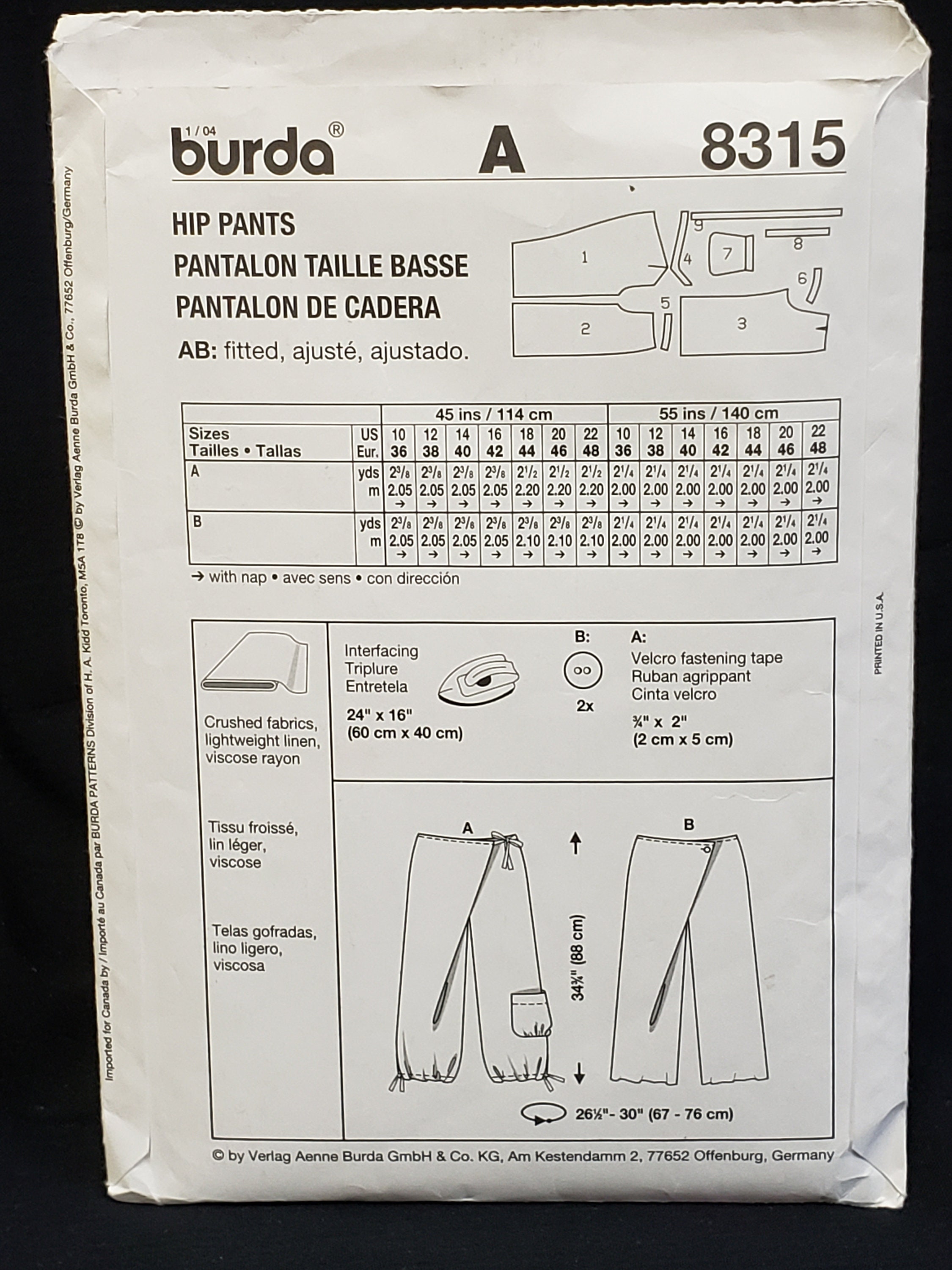 Burda 8315 Sewing Pattern for Patron Hipster Trousers Sizes 10-22 UNCUT ...