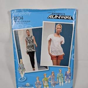 May include: A Simplicity 3504 sewing pattern envelope featuring Project Runway branding. The blue package displays two photographs of models wearing tops and a series of illustrated garment designs in various styles, sizes 12 through 20.