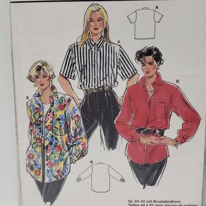 May include: A sewing pattern for a shirt with bust darts. The pattern includes three different views of the shirt: a striped shirt, a floral shirt, and a solid red shirt. The pattern is for sizes 44 to 52 with bust darts. The pattern number is 4730.