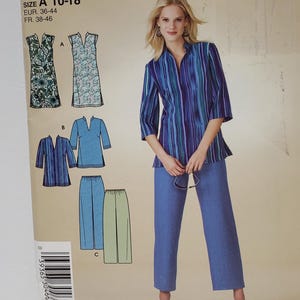 May include: A sewing pattern for a women's top and trousers. The pattern is for sizes 10-18. The pattern includes instructions for making a tunic top with a V-neck and a pair of straight-leg trousers. The pattern is from Simplicity and is labelled "It's So Easy".