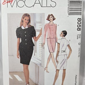 May include: McCall's sewing pattern featuring three dress designs. The cover shows a woman in a black and white polka dot dress. The pattern number is 8058, size D (12,14,16).