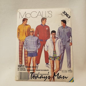 McCall's 3363 mens sewing pattern, rare, unlined zip up or hoodie jacket, top, pants and shorts size L UNCUT FF