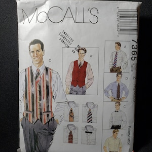 McCall&#39;s 7365 sewing pattern, men&#39;s lined vest, shirt,  tie in two lengths and bow tie - some pieces cut to XXL- others all sizes