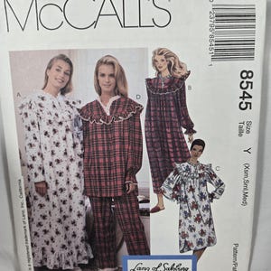 May include: McCall's sewing pattern with sleepwear designs. The pattern includes options for a long floral print nightgown, a plaid pajama set, and a long-sleeved nightdress. The size is Y (Xsm, Sml, Med). The brand is Lanz of Salzburg.