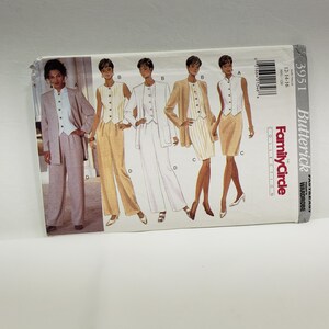 May include: A sewing pattern for a women's suit with a vest, pants, and jacket. The pattern is from Butterick Family Circle Collection and is size 12-14-16.