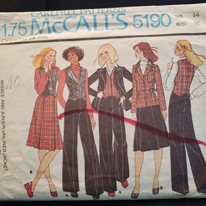 Patron de couture McCall&#39;s 5190, gilet vintage des années 70, poches plaquées et veste cintrée, pantalon large et jupe plissée sur le côté, taille CUT 14