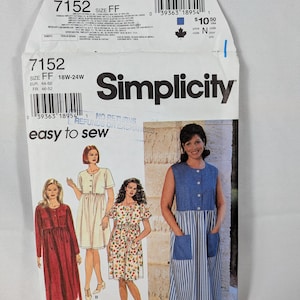 May include: Simplicity sewing pattern 7152, size FF (18W-24W), featuring illustrations of four dress variations: a long red dress, a short cream dress, a short floral dress, and a sleeveless blue and white striped dress with pockets.