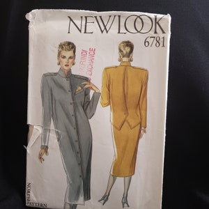 May include: A vintage sewing pattern for a dress with a long, fitted skirt and a jacket with a high collar and a button-up front. The pattern is from New Look and the number is 6781.