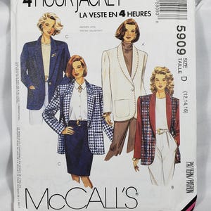 May include: McCall's sewing pattern for jackets. The pattern shows illustrations of four jacket styles. The text on the pattern reads "4 Hour Jacket" and "La Veste en 4 Heures". Size D (12, 14, 16).