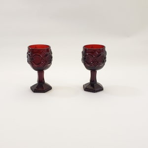 A lot of 2 ruby red Cape Cod Avon goblets - 2.25 inch diameter and 4.5 inches high - perfect condition -  from mold #20 and #22
