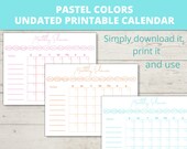 Printable Undated Monthly Calendar, Minimalist Pastel Colors, Blank Calendar, Wall Calendar, Instant Digital Download, Office Calendar