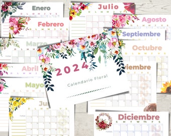 Calendario 2024 Tema Floral, Calendario 12 meses, Descarga Instantanea Digital, Tema Floral